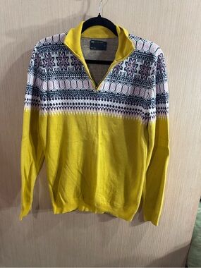 ASOS Design Men's Cotton Yellow Patterned Half-Zip Sweater Size Small